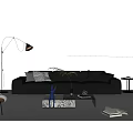 Stylish Black Leather Sofa And Coffee Table Set With Pillows Green Plant And Floor Lamp