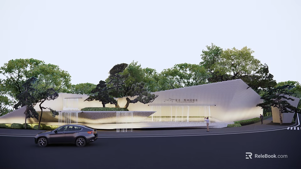 Modern Cultural Feature Wall At Art Center With Illuminated Design Trees And Water Features 3d model 
