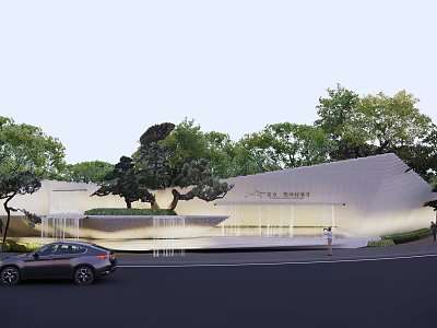 Modern Cultural Feature Wall At Art Center With Illuminated Design Trees And Water Features 3d model