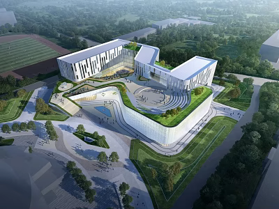 Modern Office Building With Green Roof Open Plaza Curved Structure And Surrounding Trees 3d model