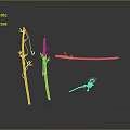 Small Figure And Frog Character On Bamboo Stalks With Red Bands And Green Leaves