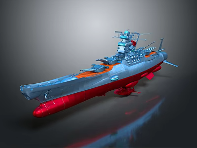 Realistic 3D Battleship Model Featuring Blue Red Hull Detailed Upper Structure Turrets 3d model