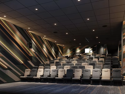Modern Cinema Interior With Arranged Seats Striped Wall And Ceiling Lights 3d model