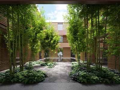Bamboo Plants In Courtyard With Red Brick Buildings Stone Path And Green Foliage 3d model