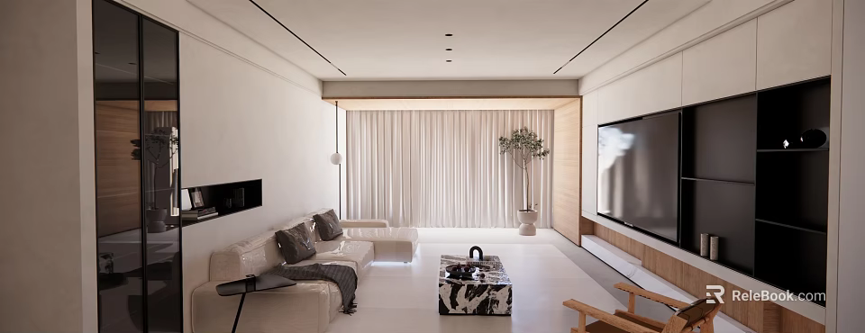 Modern Living Dining Room Interior With Light Sofa Marble Coffee Table And Floor Curtains 3d model 