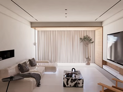 Modern Living Dining Room Interior With Light Sofa Marble Coffee Table And Floor Curtains 3d model