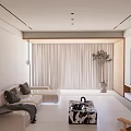 Modern Living Dining Room Interior With Light Sofa Marble Coffee Table And Floor Curtains