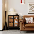 Modern Buffet Cabinet in Living Room with Brown Leather Sofa Decorative Pillow and Wall Art