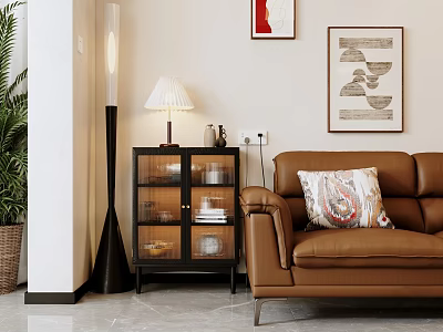 Modern Buffet Cabinet in Living Room with Brown Leather Sofa Decorative Pillow and Wall Art 3d model