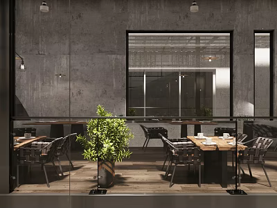 Modern Industrial Restaurant Interior With Open Dining Tables Green Plants And Large Windows 3d model