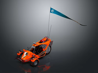 Rugged Terrain Adventure With Orange Off Road Vehicle And Blue Flag 3d model