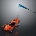 Rugged Terrain Adventure With Orange Off Road Vehicle And Blue Flag