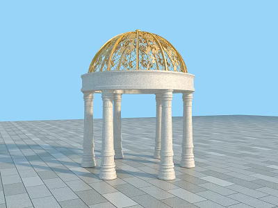 Elegant Gazebo With Golden Ornate Dome And White Marble Columns On Gray Tiled Floor 3d model