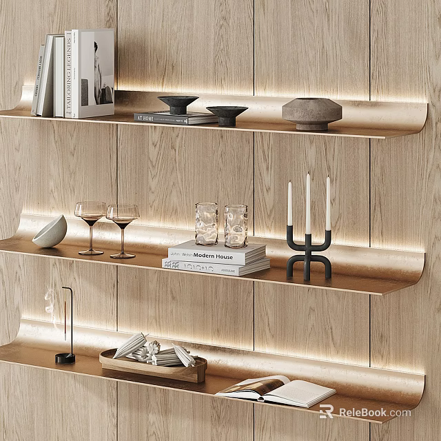 Stylish Modern Display Shelves On Wooden Wall With Layered Design And Decorative Items 3d model 