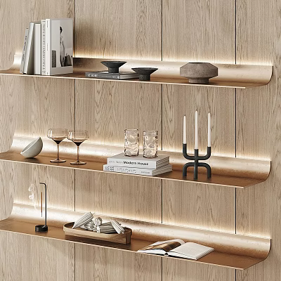 Stylish Modern Display Shelves On Wooden Wall With Layered Design And Decorative Items 3d model