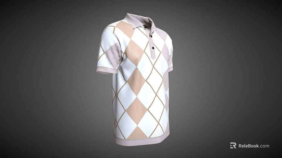 Stylish Argyle Pattern Polo Shirt With Beige White Design Collared Neck And Buttoned Front 3d model 