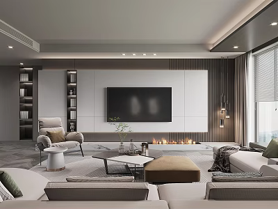 Modern Living Room Interior Design With TV Wall Sofa Area Rug And Fireplace 3d model