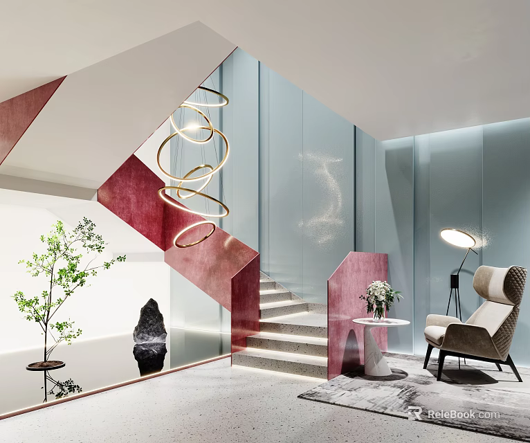 Contemporary Staircase Interior With Golden Spiral Chandelier Glass Wall Armchair And Potted Plant 3d model 