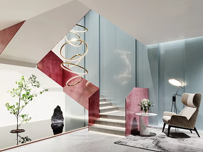 Contemporary Staircase Interior With Golden Spiral Chandelier Glass Wall Armchair And Potted Plant 3d model
