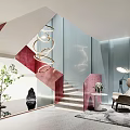 Contemporary Staircase Interior With Golden Spiral Chandelier Glass Wall Armchair And Potted Plant