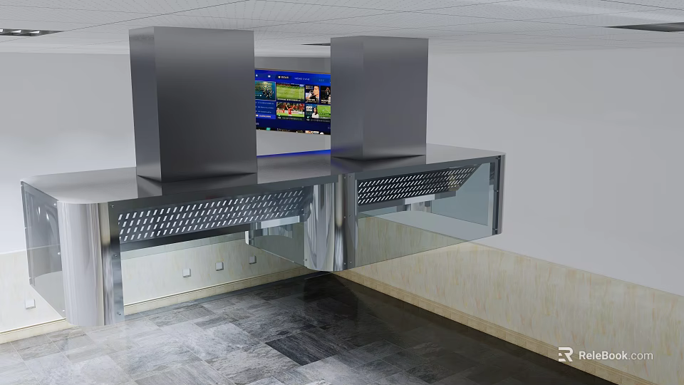 Modern Cafeteria Interior With Stainless Steel Hoods And Digital Menu 3d model 