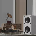 Elegant Living Room with Vintage Gramophone White Speakers Marble Cabinet and Floor to Ceiling Windows