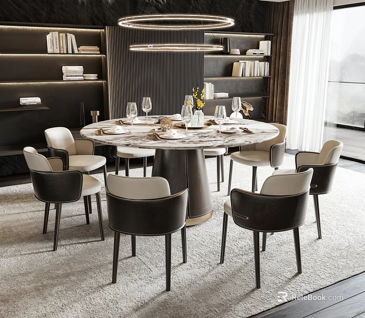 Modern Elegant Dining Table Set With Marble Top And Black And White Leather Chairs 3d model 