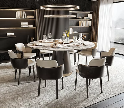 Modern Elegant Dining Table Set With Marble Top And Black And White Leather Chairs 3d model