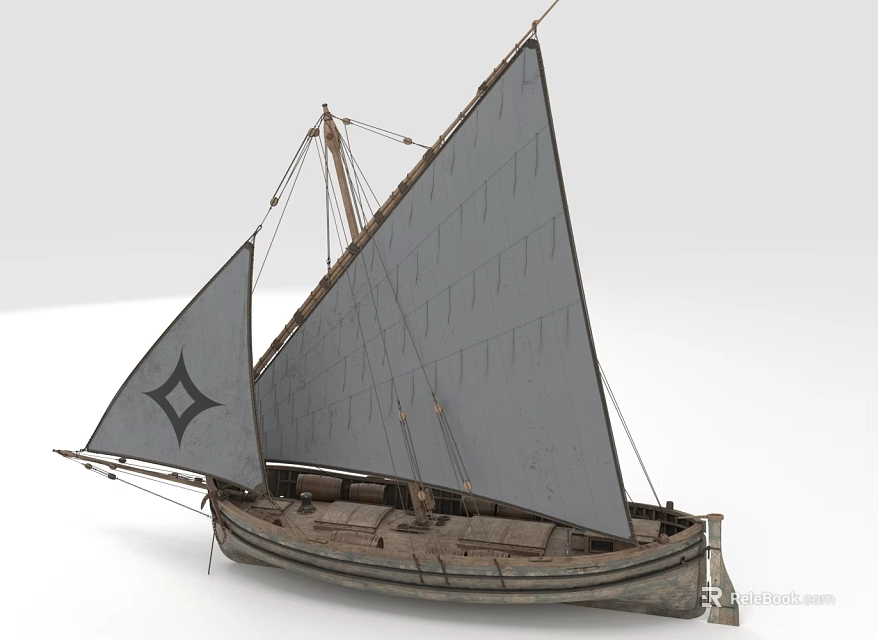Vintage Wooden Sailboat With Two Gray Sails Jib With Diamond Pattern and Main Sail Details 3d model 