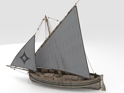 Vintage Wooden Sailboat With Two Gray Sails Jib With Diamond Pattern and Main Sail Details 3d model