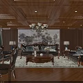 Luxurious Private Room with Wooden Decor Dining Table Sofa Chandelier Bird Paintings and Flower Vase