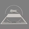 Elegant Ornamental Decoration Set With Copper Bull On Wooden Platform And Silver Circular Ring