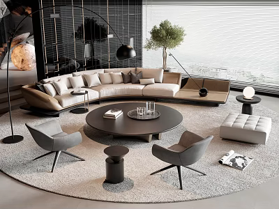 Modern Beige Sofa and Round Coffee Table Set with Gray Chairs Plants and Floor Lamp 3d model
