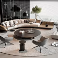 Modern Beige Sofa and Round Coffee Table Set with Gray Chairs Plants and Floor Lamp