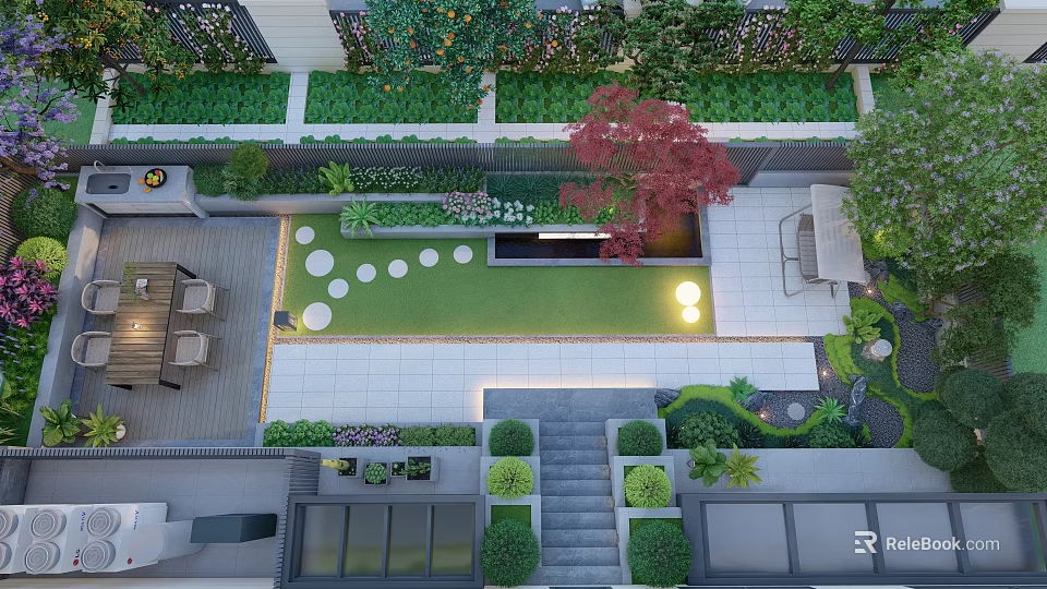 Water Fountain in Modern Courtyard with Lawn Stone Path and Green Plants 3d model 
