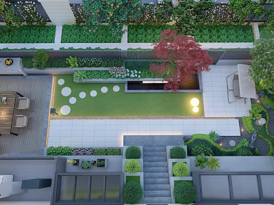 Water Fountain in Modern Courtyard with Lawn Stone Path and Green Plants 3d model