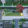 Water Fountain in Modern Courtyard with Lawn Stone Path and Green Plants