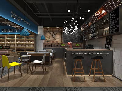 Modern Coffee Shop Interior With Chandeliers Bar Counter And Colorful Chairs 3d model