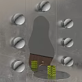 Modern Wall Lamps With White Lampshades Surrounding Decorative Mirror Metallic Base And Green Vases