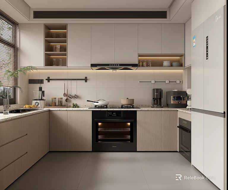 Modern Kitchen Interior With White Light Wood Cabinets Black Oven Coffee Machine And Green Plant 3d model 