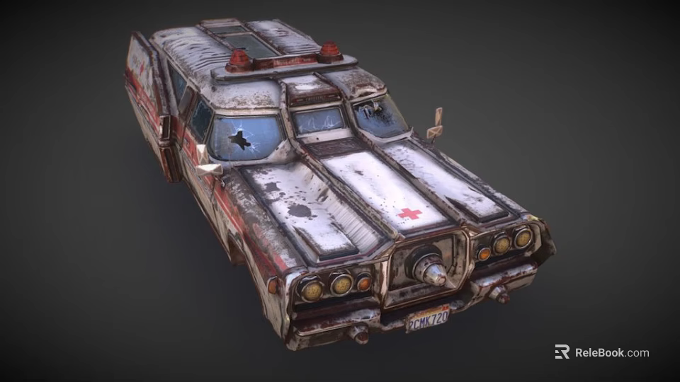 Worn Vintage Ambulance With Red Cross Emergency Lights And Bullet Holes 3d model 