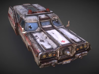 Worn Vintage Ambulance With Red Cross Emergency Lights And Bullet Holes 3d model