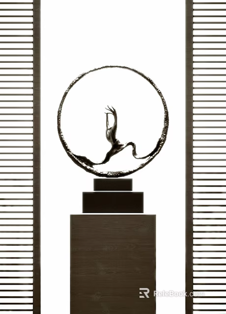 Console Table With Circular Crane Sculpture And Wooden Base In Louvered Background 3d model 