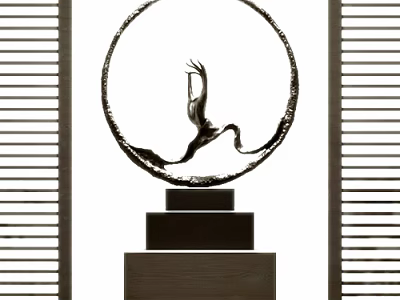 Console Table With Circular Crane Sculpture And Wooden Base In Louvered Background 3d model