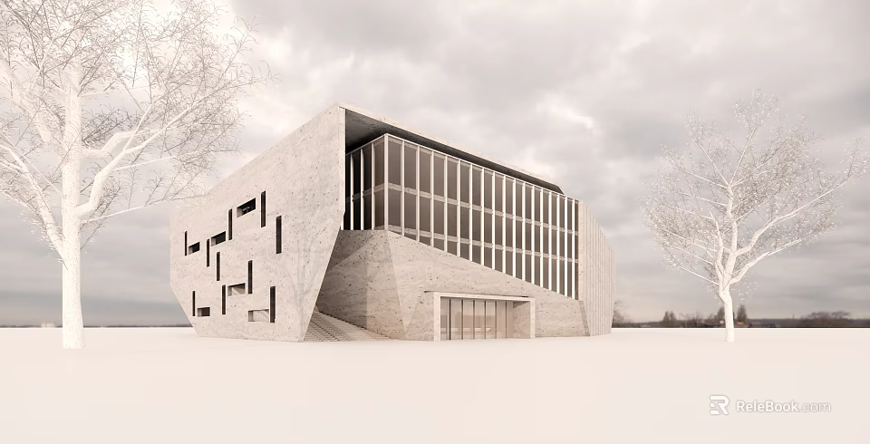 Modern Museum Building Architecture With Glass Facade Stone Exterior And Geometric Windows 3d model 