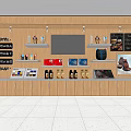 Convenience Store Counter With Wooden Shelves Digital Screen And Product Displays