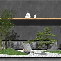 Zen Courtyard Garden With Bamboo Stone Lanterns Water Fountain Small Pine Tree And Statues