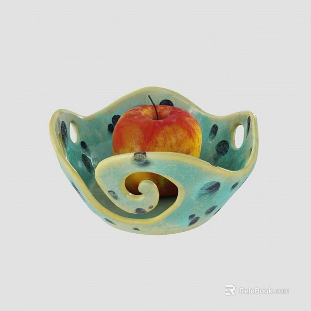 Turquoise Ceramic Bowl With Black Spots Perforated Edges And Spiral Design Holding Fresh Apple 3d model 