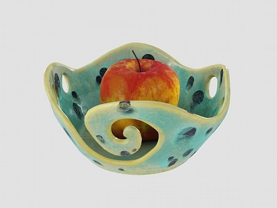 Turquoise Ceramic Bowl With Black Spots Perforated Edges And Spiral Design Holding Fresh Apple 3d model