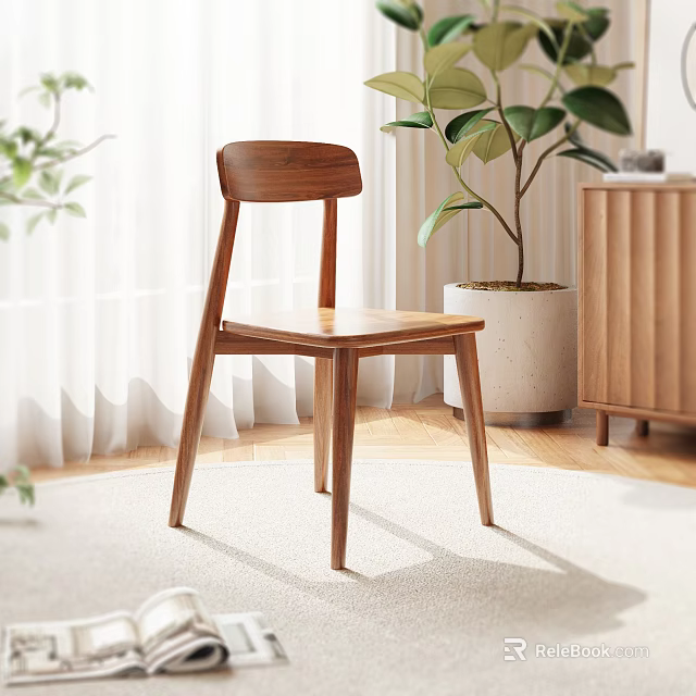 Wooden Modern Dining Chair in Bright Living Interior with Green Plants 3d model 